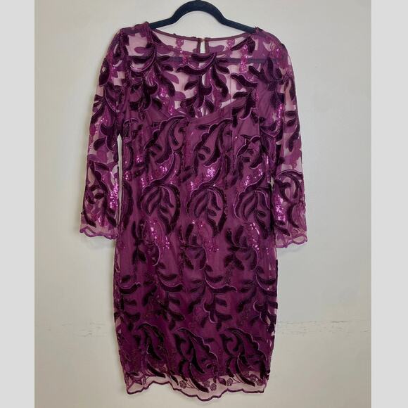 Donna Ricco Dress Sheath Velvet Embroidered Sequin Mesh Wine Size 8 Bordeaux - Picture 2 of 9